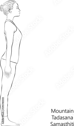 Sketch of young woman practicing yoga, doing Mountain pose or Equal Standing pose. Tadasana or Samasthiti. Standing and Neutral. Beginner. Vector illustration isolated on transparent background.