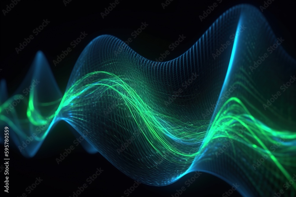 abstract futuristic background with green blue glowing neon moving high speed wave lines and bokeh lights. Data transfer concept Fantastic wallpaper,Ai Generative
