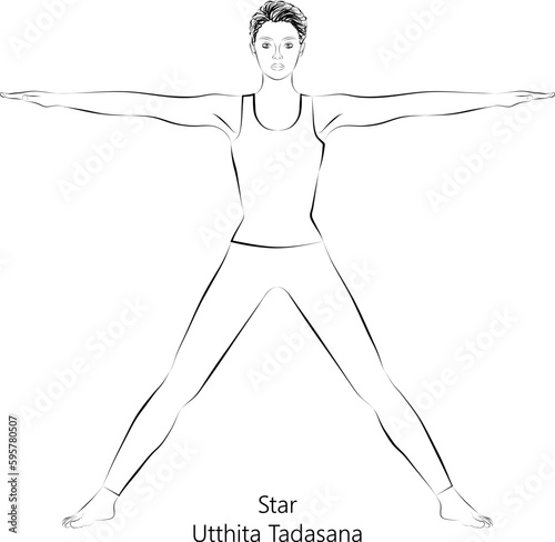 Sketch of young woman practicing yoga, doing Star pose or Five Pointed Star pose or Utthita Tadasana. Standing and Neutral. Beginner. Vector illustration isolated on transparent background.