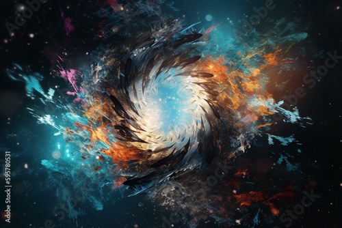 Sci-fi wallpaper of a black hole surrounded by colorful graphics resembling water waves, clouds, and the universe. Kosmic background. Generative AI