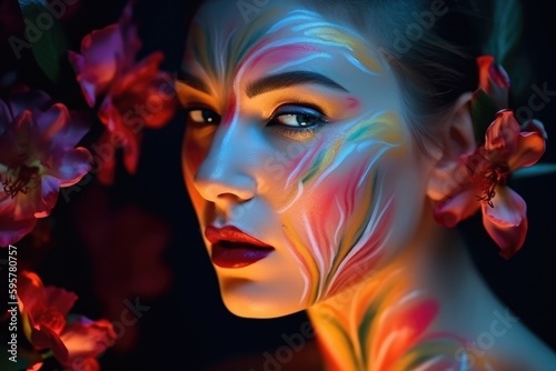 Sensual woman with body art and colored eyes and lips, flowers. Generative AI