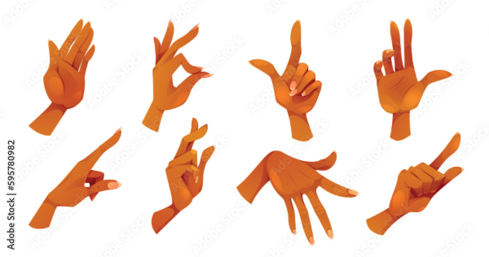 Vector cartoon brown female hand gesture icon set. Isolated finger pose
