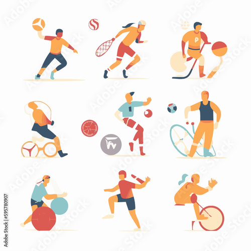 Sport people flat icons set with men and women cycling playing football and tennis isolated vector illustration