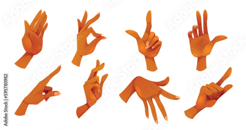 Vector cartoon brown female hand gesture icon set. Isolated finger pose sign ok, palm, touch and direction. Body language for communication and expression with forefinger to waving or pointing.