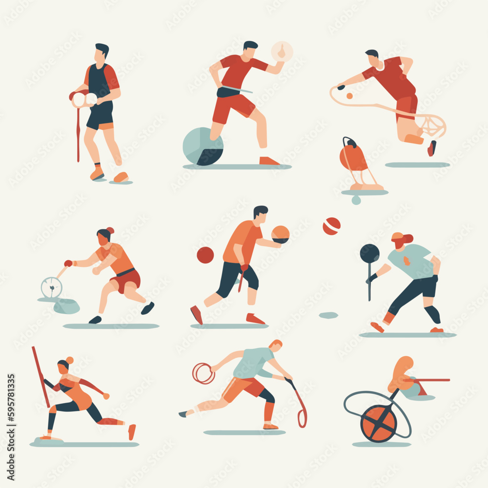 Sport people flat icons set with men and women cycling playing football and tennis isolated vector illustration