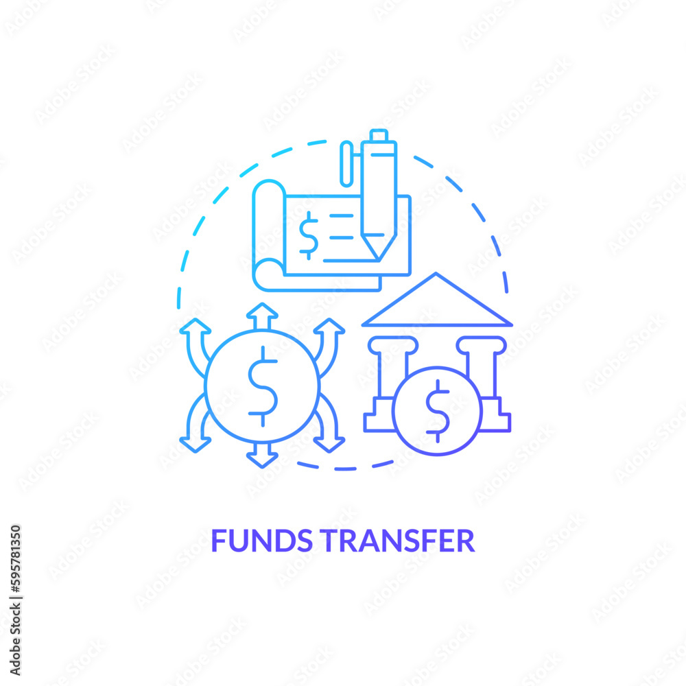 Funds transfer blue gradient concept icon. Automated clearing house. Transaction. How ACH work abstract idea thin line illustration. Isolated outline drawing. Myriad Pro-Bold fonts used