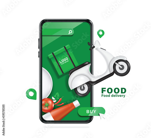 Scooter or motorcycle with a green box for food in back is flying off screen of smartphone after customer press an order at  bottom of buy order button