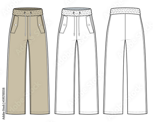 Loungewear pants fashion flat, technical sketch. pants with pockets. pants vector flat template. pants fashion illustration. front and back view. isolated in white colour. CAD mock-up set.