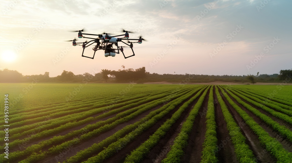Agricultural drone flying over a lush green field, conducting precision farming with smart irrigation and remote sensing, while monitoring crop health. Digitally driven agtech future. Generative AI Agricultural drone flying over a lush green field, conducting precision farming with smart irrigation and remote sensing, while monitoring crop health. Digitally driven agtech future. Generative AI