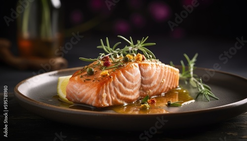 piece of salmon with a piece of rosemary on top and a juicy sauce lime and herbs and vegetables in background