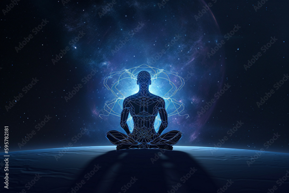 Personne en traine de méditer avec un paysage spirituel,  IA générative, Générative, IA 