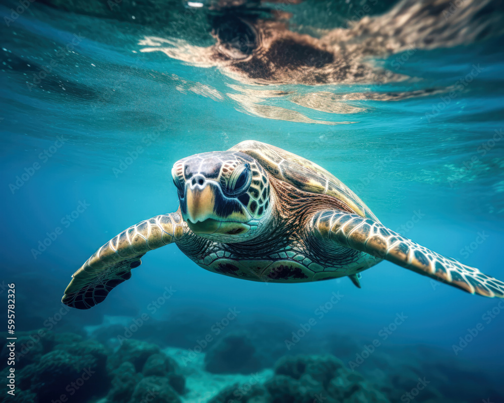 Fototapeta premium Green sea turtle swimming in the blue waters of the ocean