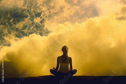 Personne en traine de méditer avec un paysage spirituel,  IA générative, Générative, IA  © jp