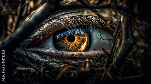 Yellow monster eye close-up. Realistic dragon or lizard eye. Generative AI. High quality illustration