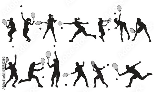 A set of  men and women tennis players silhouette on white background. Vector illustration