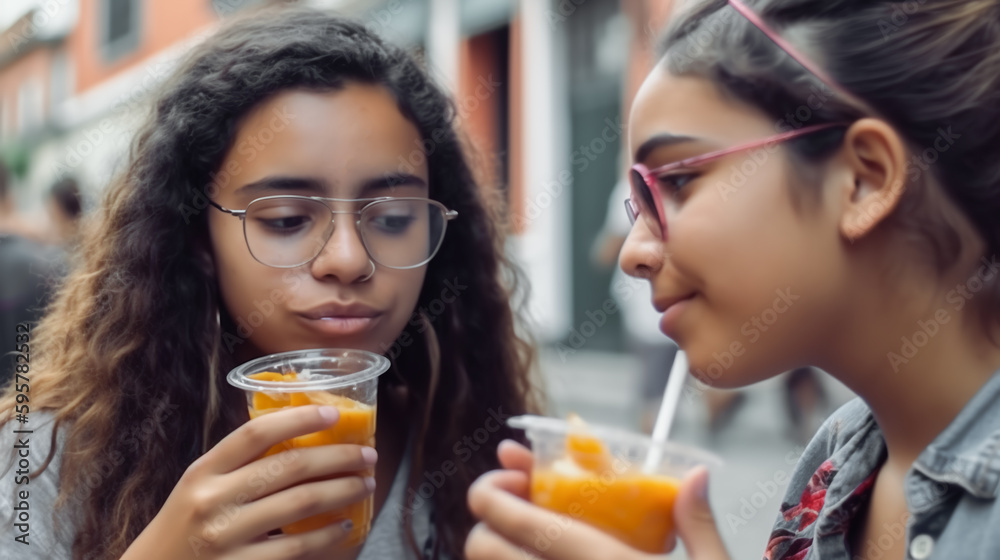 Cheerful carefree students eat fast food on the streets of city. Generative AI. High quality illustration Cheerful carefree students eat fast food on the streets of city. Generative AI. High quality illustration