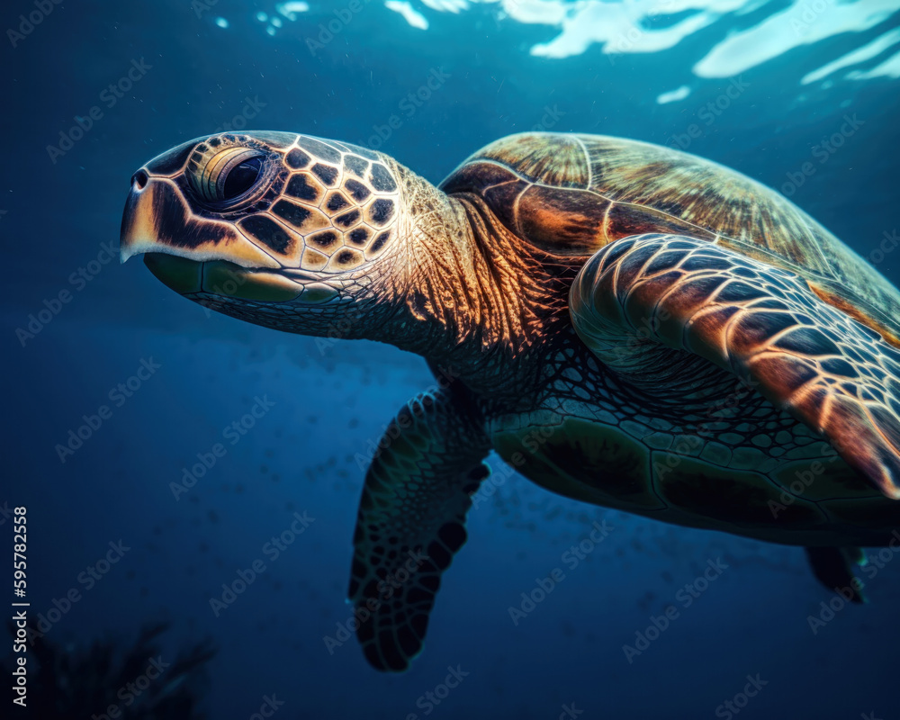 Obraz premium Green sea turtle swimming in the blue waters of the ocean