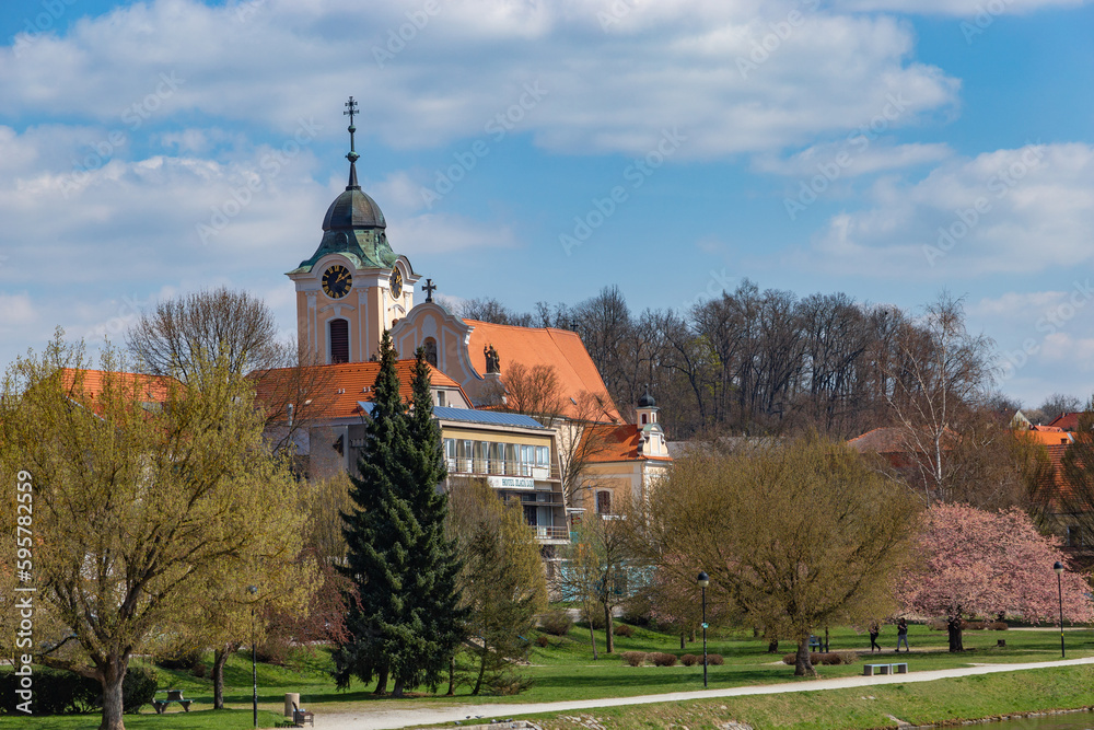 Springtime view of Tyn nad Vltavou, Czechia.