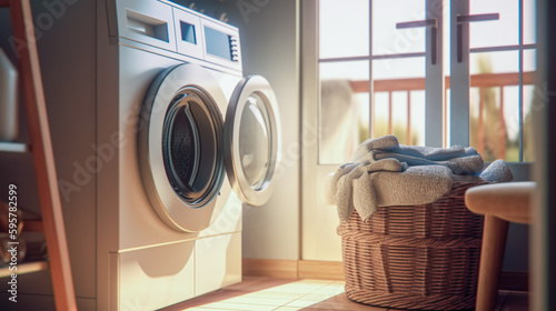 Interior of modern laundry room with laundry basket and contemporary washer sun's rays. Generative AI. High quality illustration © SERGEI