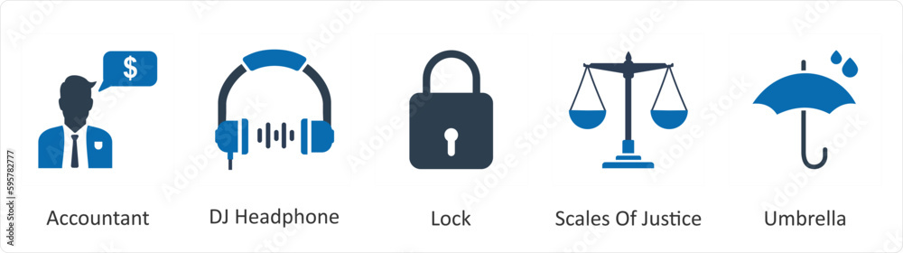 A set of 5 Mix icons as accountant, dj headphone, lock A set of 5 Mix icons as accountant, dj headphone, lock