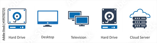 A set of 5 Mix icons as hard drive, desktop, television
