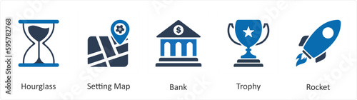 A set of 5 Mix icons as hourglass, setting map, bank