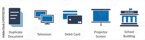 A set of 5 Mix icons as duplicate document, television, debit card