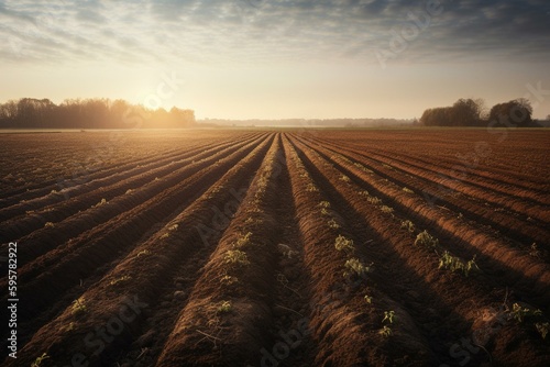A vast cultivated land with furrows and beds awaiting new crops. Generative AI