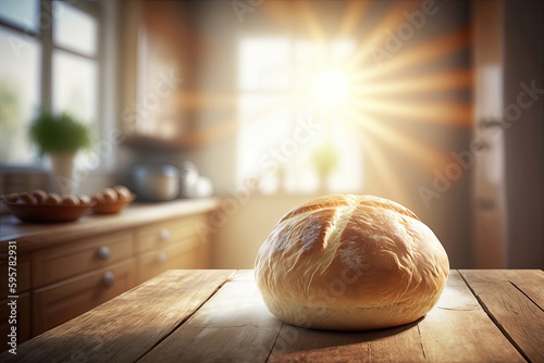 Loaf of bread on wooden table in a kitchen, sunshine in the window, Generative AI