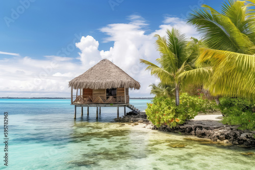 Bungalow on tropical island, Generative AI © Aleksandr Bryliaev