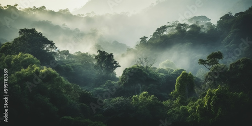 Rainforest landscape with trees and fog - theme conservation, climate change and renewable energy - Generative AI