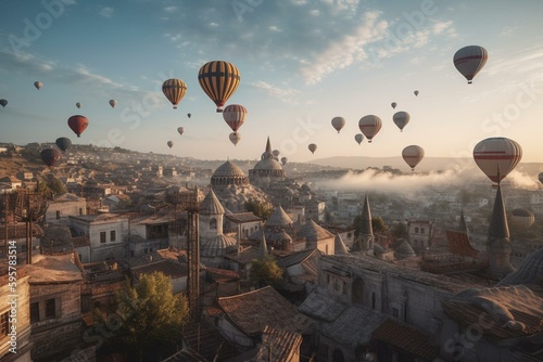 Historic city with hot air balloons. Generative AI