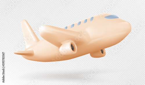 Isolated 3d plane icon vector illustration. Jet flight and travel model on transparent background. Aircraft journey fly side view. Aeroplane with wing and engine worldwide delivery, vacation tourism
