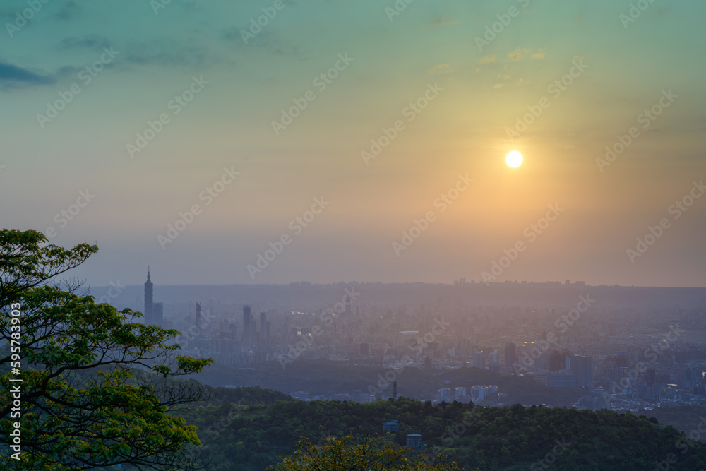 Vibrant sunset view of Taipei City. Dynamic cloud. Spectacular Evening Views of Taipei: Dynamic Clouds and Cityscape.