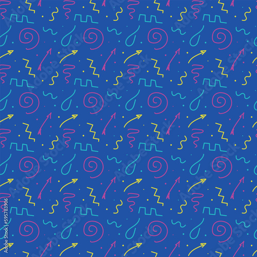 Seamless pattern from the 90s of squiggles and arrows on a blue background. Vector illustration for decoration, postcards, print, fabric