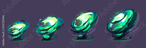 Vfx tornado storm sprite animation effect game cartoon vector. Isolated green vortex wind ui frame for magic energy power. Magician fire flame disaster funnel motion. Spritesheet asset for mobile gui