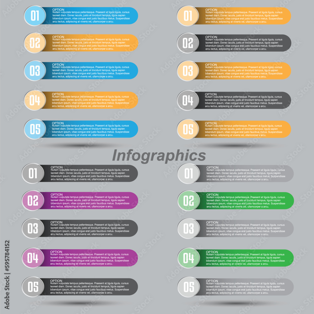 Collection infographics with steps and options, banner for business design and website template. Collection infographics with steps and options, banner for business design and website template.