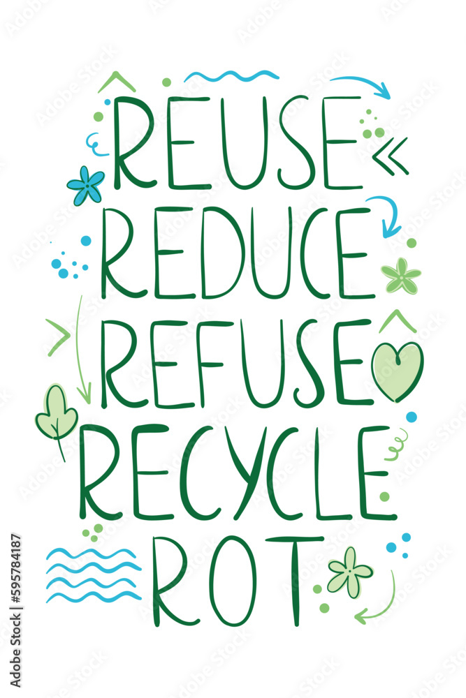reduce reuse refuse recycle rot lettering. Vector illustration Hand