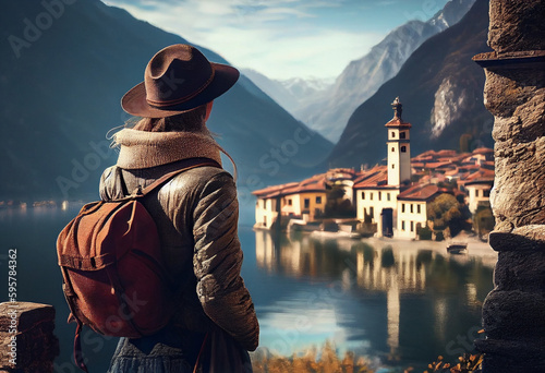Young female traveler with backpack and hat enjoying the view from lake and old town. AI Generated