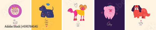 Cute dogs vector set. Colourful cartoon vector collection with cute dogs. Vector set of different dog breeds. Funny puppy characters	
