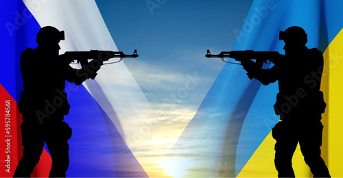 Flag of Russia and Ukraine with silhouette of soldiers. Relationship between Ukraine and Russia. EPS10 vector