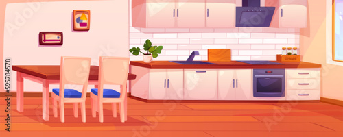 Kitchen and dining room interior with table, chairs, oven, hood, cooking counter, sink and cabinets. Empty house room with furniture for cooking and window, vector cartoon illustration