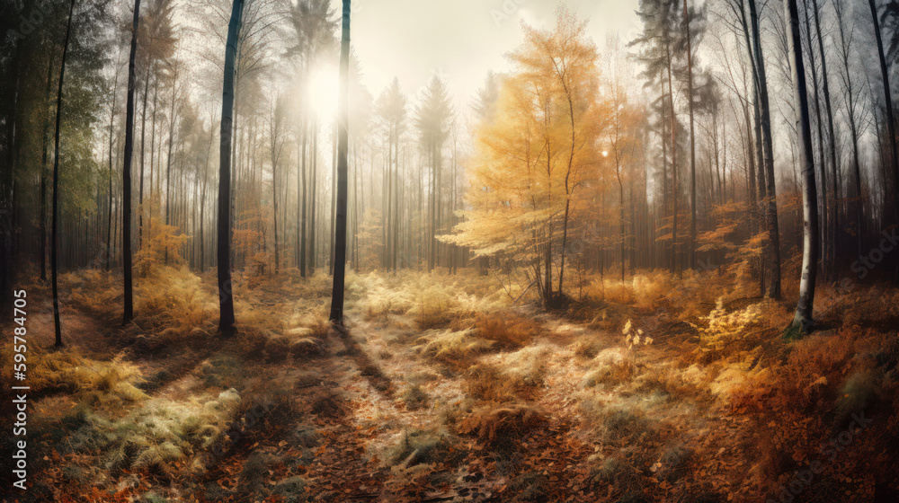 Obraz premium Autumn forest in a foggy day. Panoramic image