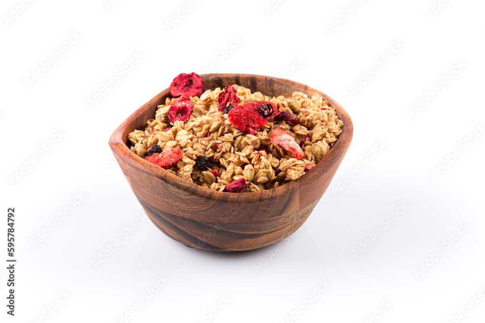 Muesli oat cereals close up background with dry fruits
