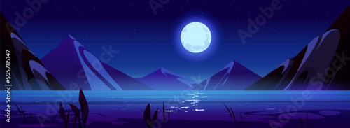 Night scene with lake, mountains, full moon and stars in sky. Summer landscape of valley with river beach, rocks range and dark starry sky, vector cartoon illustration