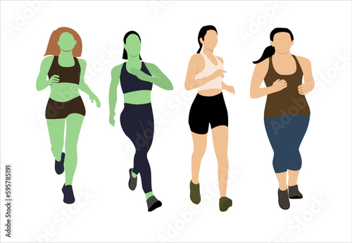 Set of young woman influencer running, racing, sprinting. Illustration in white background. 