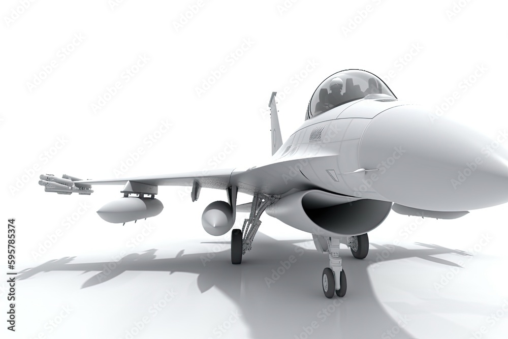 white fighter jet parked on a white surface. Generative AI - obrazy, fototapety, plakaty 