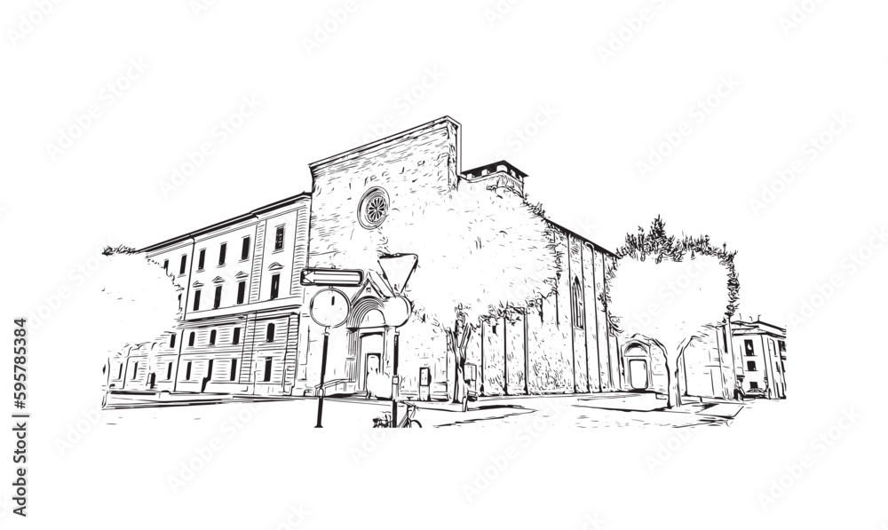 Building view with landmark of  Rieti is the town in Italy. Hand drawn sketch illustration in vector.