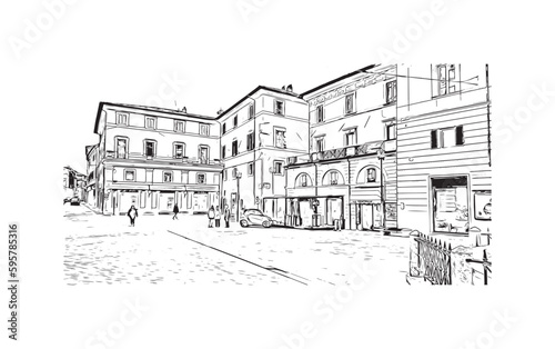 Building view with landmark of  Rieti is the town in Italy. Hand drawn sketch illustration in vector.