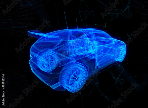 Smart or intelligent car. Sport car with polygon line on abstract background. Polygonal space low poly with connecting dots and lines. Connection structure 3d model